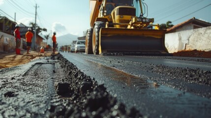 Capture the synergy and dedication of the road construction team during asphalt work, showing careful grading , AI Generative - obrazy, fototapety, plakaty