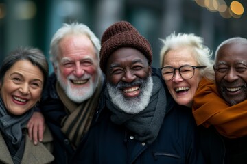 Group of senior friends laughing together in the city. Multiethnic group of people bonding outdoors.