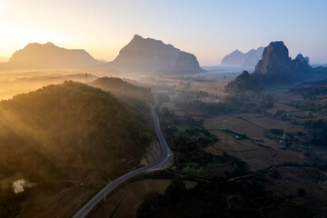 Landscape of Morning Mist with Mountain Layer at Meuang Feuang
