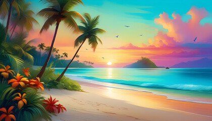 A tropical island with a sunset in the background, surrounded by crystal clear water and palm trees
