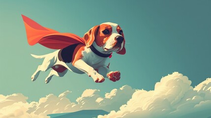 A cartoon image of a beagle wearing a red cape flying through the sky.