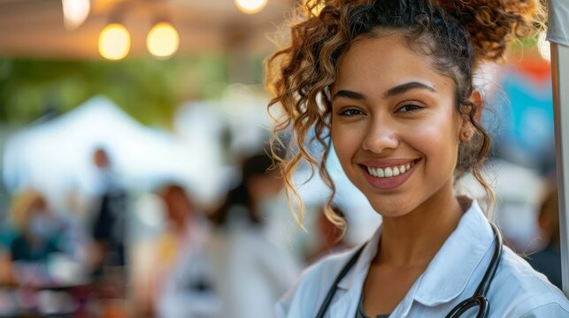 Community health fair Image of a nurse setting up a booth at a local health fair, promoting wellness checks and preventive care, interacting warmly with community members