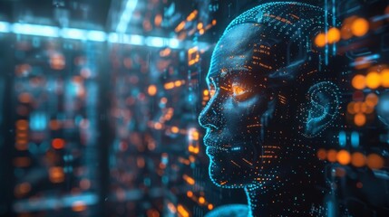 A detailed profile view of a digital human face with neon connections symbolizing artificial intelligence