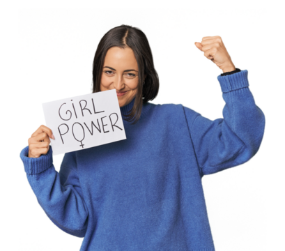 Young Caucasian woman holding "girl power" empowerment sign