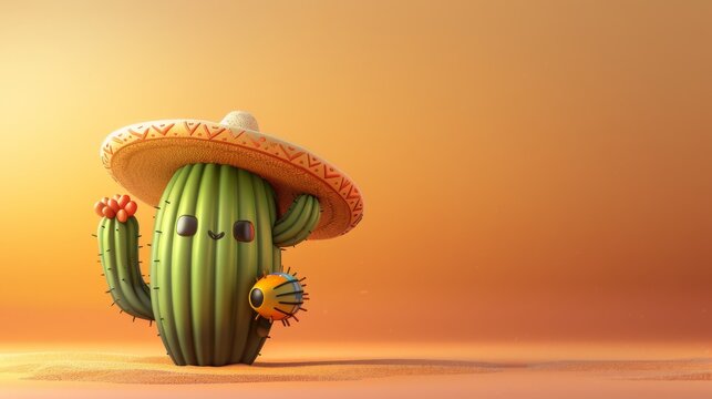 A cute cartoon cactus wearing a sombrero on an orange background