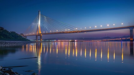 Obraz premium The iconic bridge spanning the river, illuminated by shimmering lights reflected in the tranquil waters below, a symbol of connectivity.