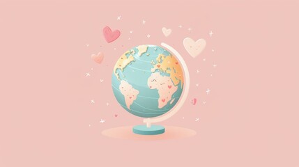 A cute globe with hearts floating around it on a pink background.