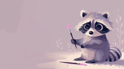 A cute raccoon holding a paintbrush in its paws on soft purple background