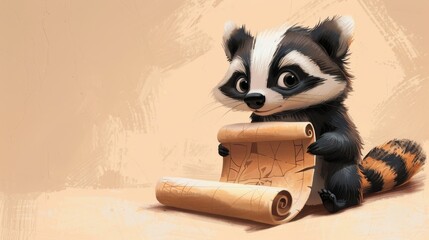 A cute raccoon holding a treasure map on beige background