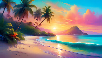 A tropical island with a blue ocean and palm trees on the beach, with a colorful sunset in the background.