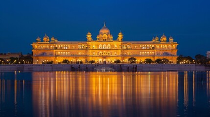 The majestic palace illuminated by golden lights against the night sky, radiating grandeur and timeless beauty.