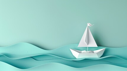 A minimal illustration of a white paper boat sailing on a turquoise sea.