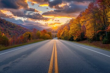 Asphalt road and mountain with sky clouds background at sunset - generative ai