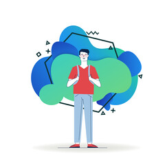 Student wearing glasses and backpack. Full body of cartoon guy in casual flat vector illustration. Smart young man, male character concept for banner, website design or landing web page