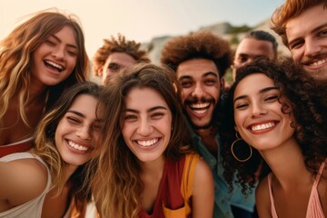 Group of friends having fun together. Group of young people looking at camera and smiling.