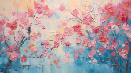 a vintage oil painting, impasto, springtime, surreal colors, pinks and blues, high saturation 