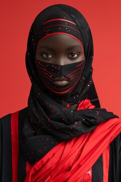 A veiled Muslim woman wearing a hijab with red and black patterns poses against a solid red background, conveying cultural identity and fashion
