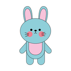 Cartoon rabbit in pink with happy gesture standing on white background