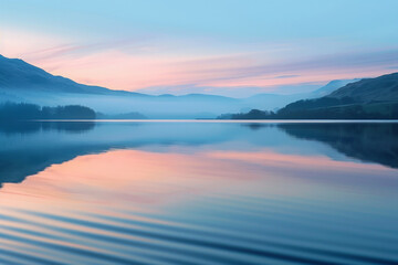 The gentle, rhythmic pattern of waves on a tranquil lake, with the water's surface reflecting the soft hues of the sky at dawn. 