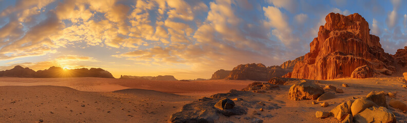 A panoramic view showcasing a stunning sunset casting golden light on rock formations in a desert