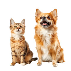 Dog and cat smiling while looking up same direction, full body on transparency background PNG
