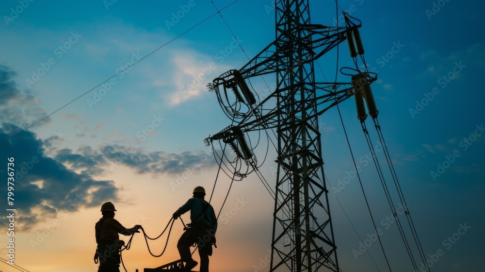 Poster Workers installing power lines on a tower with a crane, demonstrating the ongoing maintenance and expansion of electrical networks.
