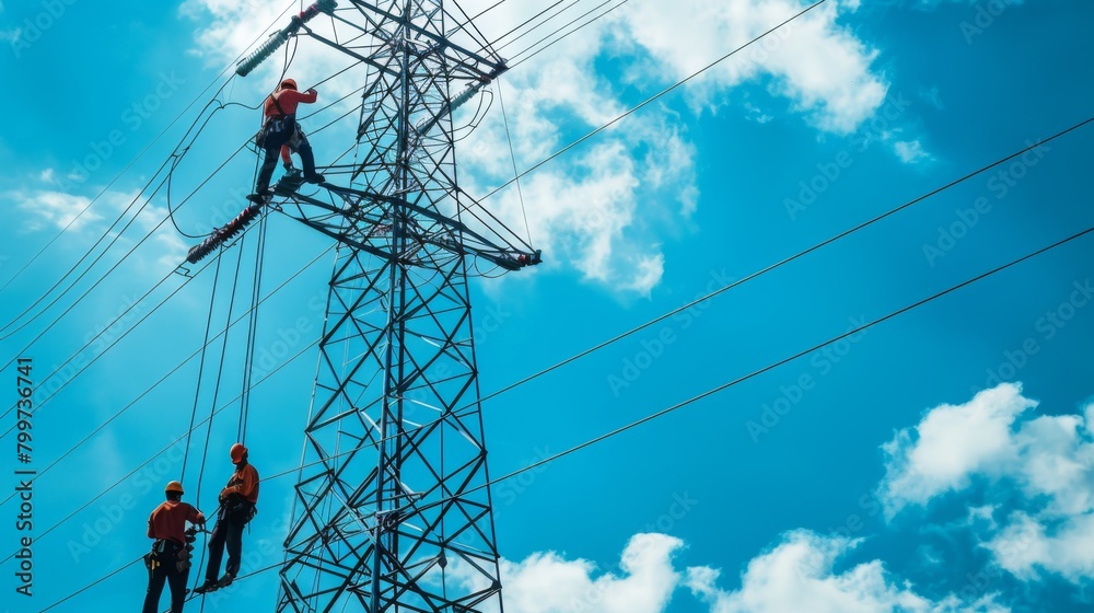 Poster Workers installing power lines on a tower with a crane, demonstrating the ongoing maintenance and expansion of electrical networks.