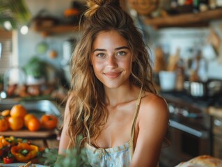 The image captures a cheerful, attractive young woman in a rustic kitchen setting