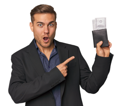 business caucasian man holding tickets pointing to the side