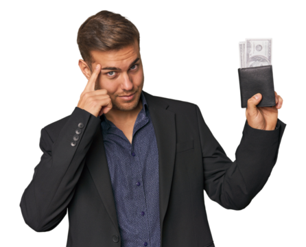 business caucasian man holding tickets pointing temple with finger, thinking, focused on a task.