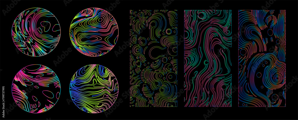 Poster Set of linear retrofuturistic geometric shapes and forms with glitchy trippy pattern in neon holographic vibrant colors. 