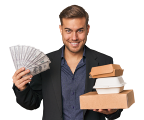 Young man holds dollars and fast food, showcasing finance and indulgence