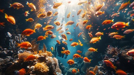Fototapeta na wymiar diver among fish
