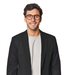 Young Hispanic businessman happy, smiling and cheerful.