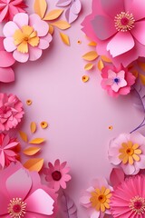 HD, 16k, empty space in center area, beautiful retro modern trendy Paper cut flowers bold and big 3D, minimalis element, background, aspect  ratio 2:3