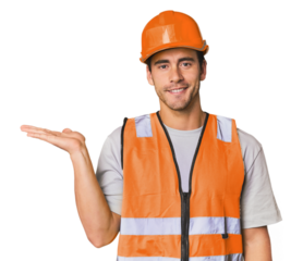 Young Hispanic worker in safety gear showing a copy space on a palm and holding another hand on waist.