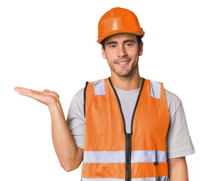 Young Hispanic worker in safety gear showing a copy space on a palm and holding another hand on waist. - Powered by Adobe