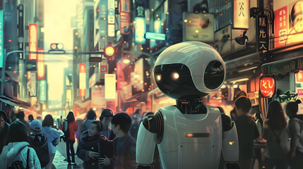 group of children walks alongside a humanoid robot cyborg, all wearing bright smiles as they explore the futuristic city streets together, a vision of harmonious coexistence between humans and machine