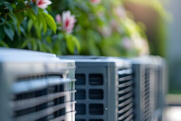 Outdoor HVAC units for air conditioning systems. Concept Maintenance Tips, Energy Efficiency, Troubleshooting, Replacement Options