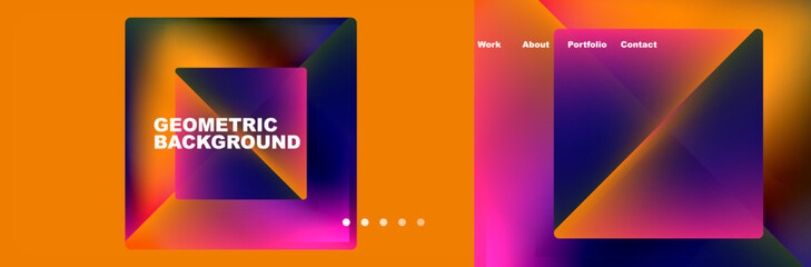 Vibrant geometric shapes in shades of purple, amber, orange, violet, and magenta create a colorful background resembling a modern art piece with squares and triangles on an orange backdrop