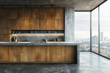 Modern wood and concrete kitchen interior with empty mock up place on wall, island, appliances and window with city view and daylight
