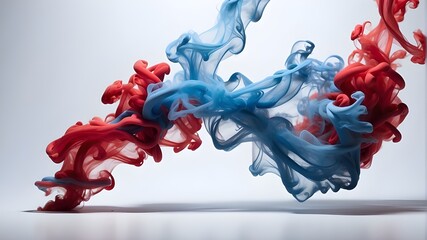red and blue liquid, Isolated red and blue smoke blending against a clear backdrop.