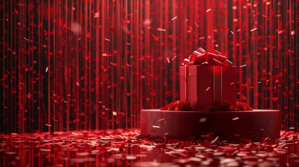 Envision a 3D rendered podium with an open surprise gift box in red, amidst a shower of rose flower petals, AI Generative