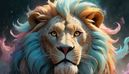 Fototapeta premium Fantasy Illustration of a wild animal lion. Digital art style wallpaper background.