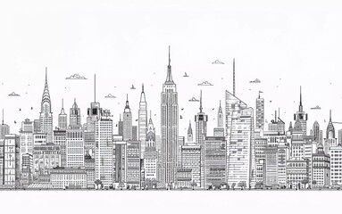 New York city linear banner. All buildings - different objects are adjusted to the background content