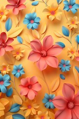 Fototapeta premium HD, 16k, empty space in center area, beautiful retro modern trendy Paper cut flowers bold and big 3D, minimalis element, background, aspect ratio 2:3