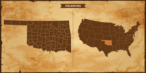 Oklahoma state map, United States of America map with federal states in A vintage map based background, Political USA Map