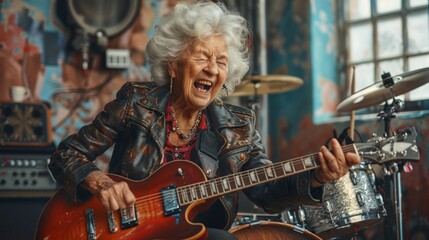 Funny elderly woman rocking multiple instruments, joyful expressions, rock concert scene, AI Generative