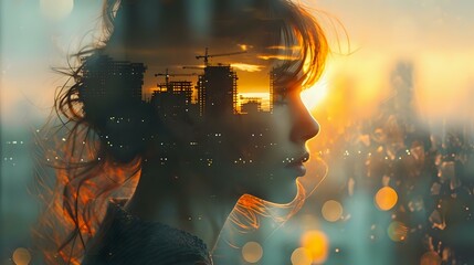Double Exposure Composition: Woman's Profile in Urban Construction