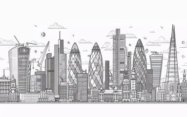 London city linear banner. All buildings - different objects are adjusted to the background content